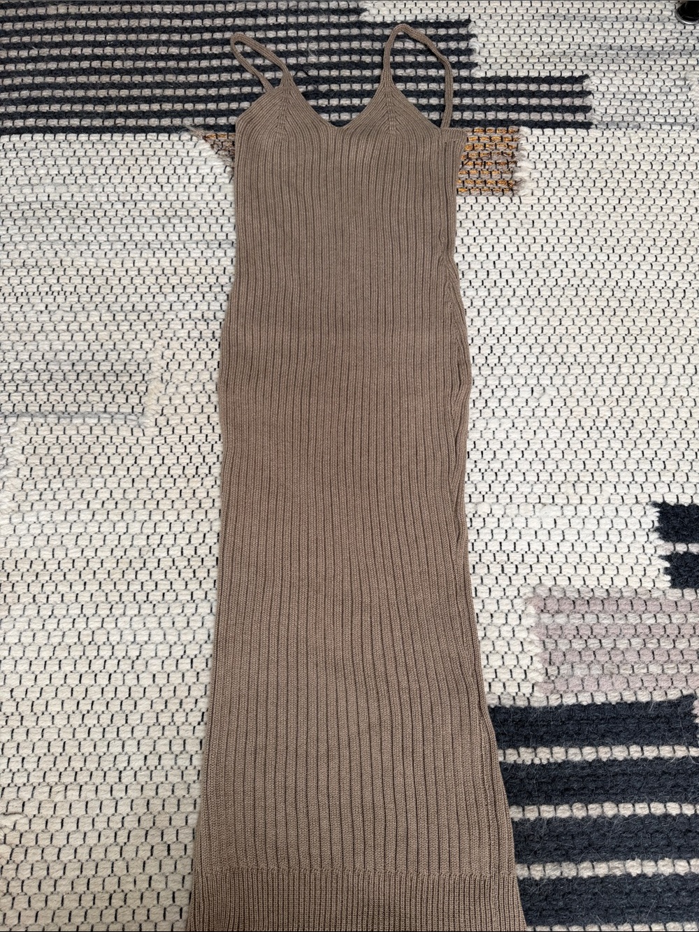 Ribbed Spaghetti Strap Knit Dress - Taupe